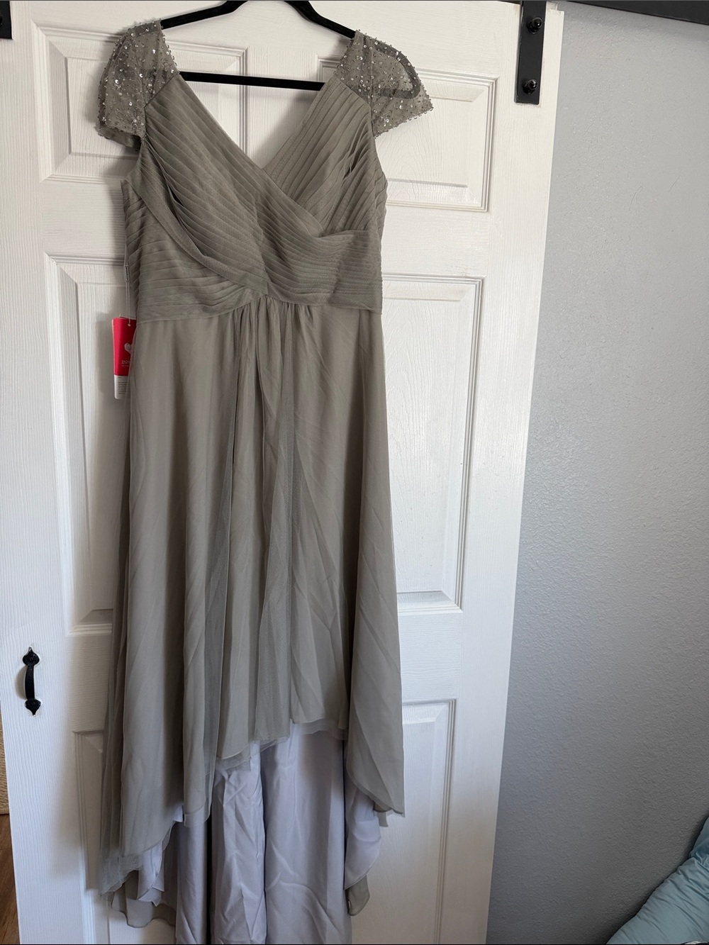 JJs House Taupe Beaded Cap Sleeve High-Low Chiffon Dress